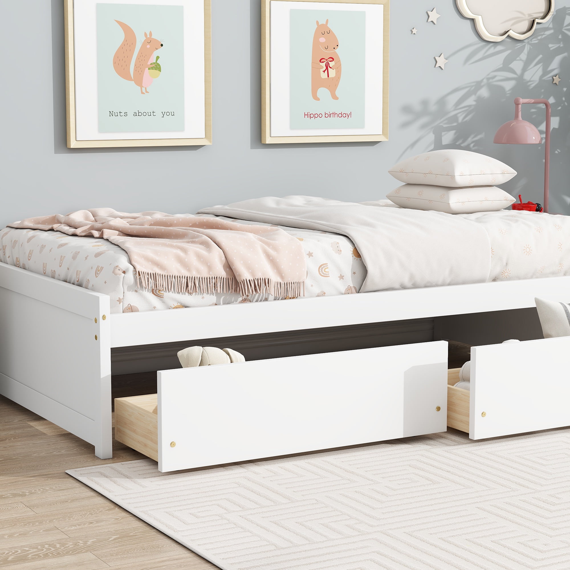 PORKISS Twin Bed Frame, Solid Wood Platform Bed with 2 Drawers, Pine Wood Bed for Kids Teens Adults, No Box Spring Needed, White