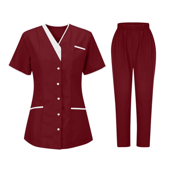 asdoklhq Scrubs for Women Set Women's Nurses Sets Tunic Uniform Clinic Carer V-Neck Protective Clothing and Pants Set Wine 2X