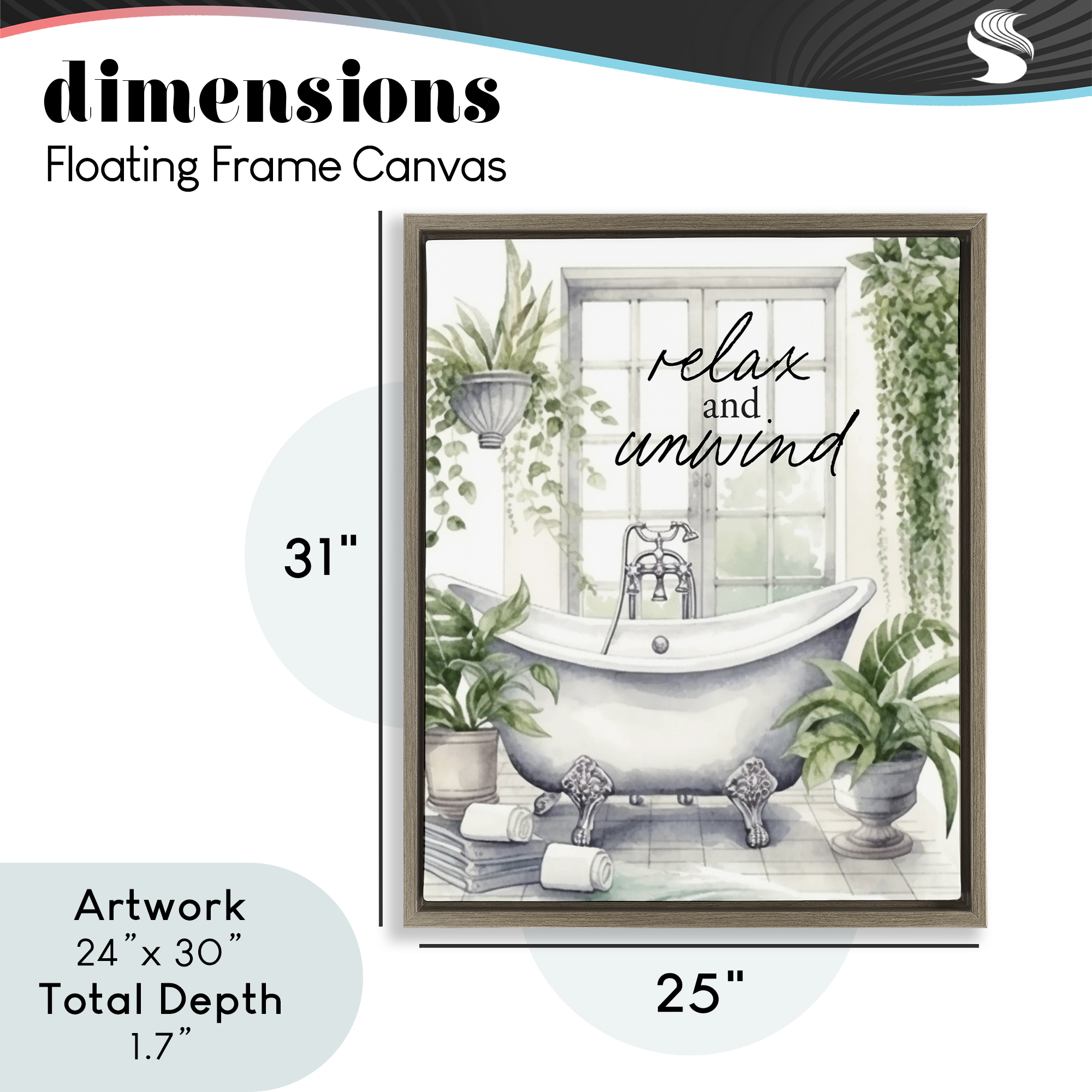 Relax Unwind Bath & Foliage Brown Framed Floater Canvas Wall Art, design by Lettered and Lined