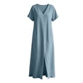 thumbnail image 4 of Dvprdro V Neck Short Sleeve Cotton Side Pockets Loose A Line Maxi Dress for Women Summer Beach Vacation Solid, 4 of 8