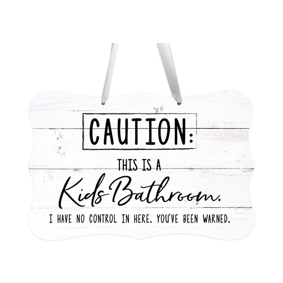 LifeSong Milestones 8x12 Ribbon Sign Caution Kids Bathroom (Shiplap)