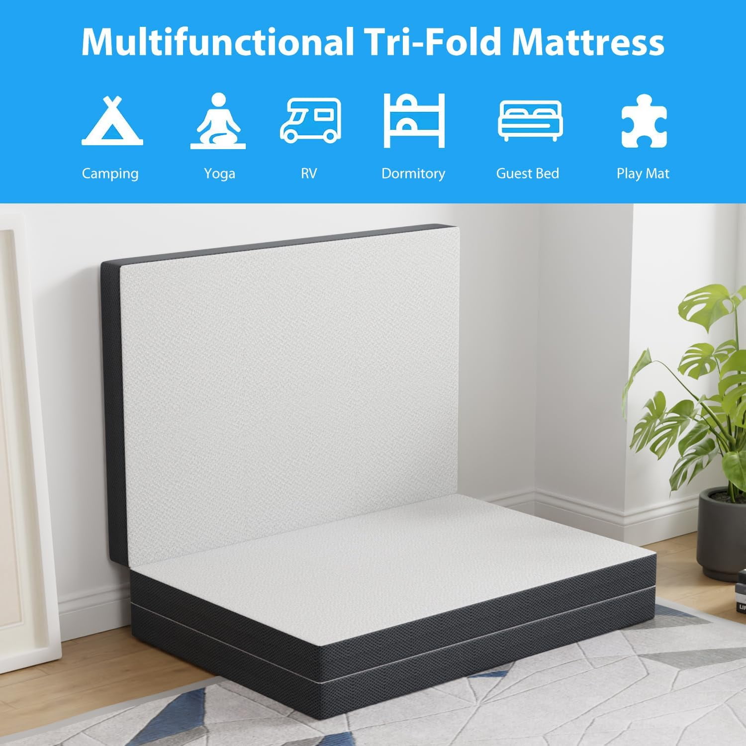 XF XINFENG 3 inch Memory Foam Mattress Tri-Folding Floor Mattress with Portable and Washable Cover,Twin,White