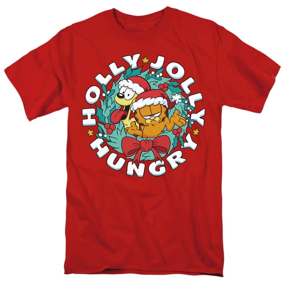 Garfield And Odie Christmas Holly Jolly Hungry Unisex Adult T Shirt, Red, 4X-Large