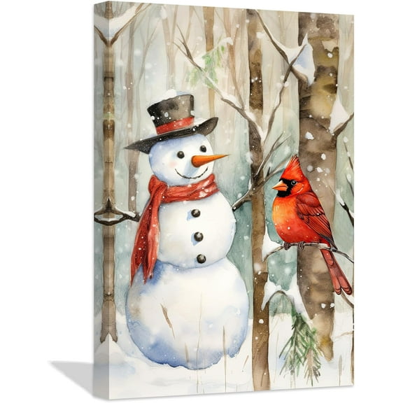 ZHONGYUTONG Christmas Canvas Wall Art Happy Snowman with Cardinal Painting Prints Winter Scene Picture Country Artwork Christmas Decor Ready to Hang (12.00" x 18.00")