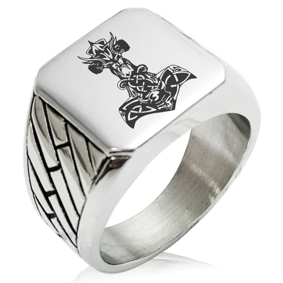 Stainless Steel Asgard Mjolnir Thor's Hammer Viking Norse Geometric Pattern Biker Style Polished Ring