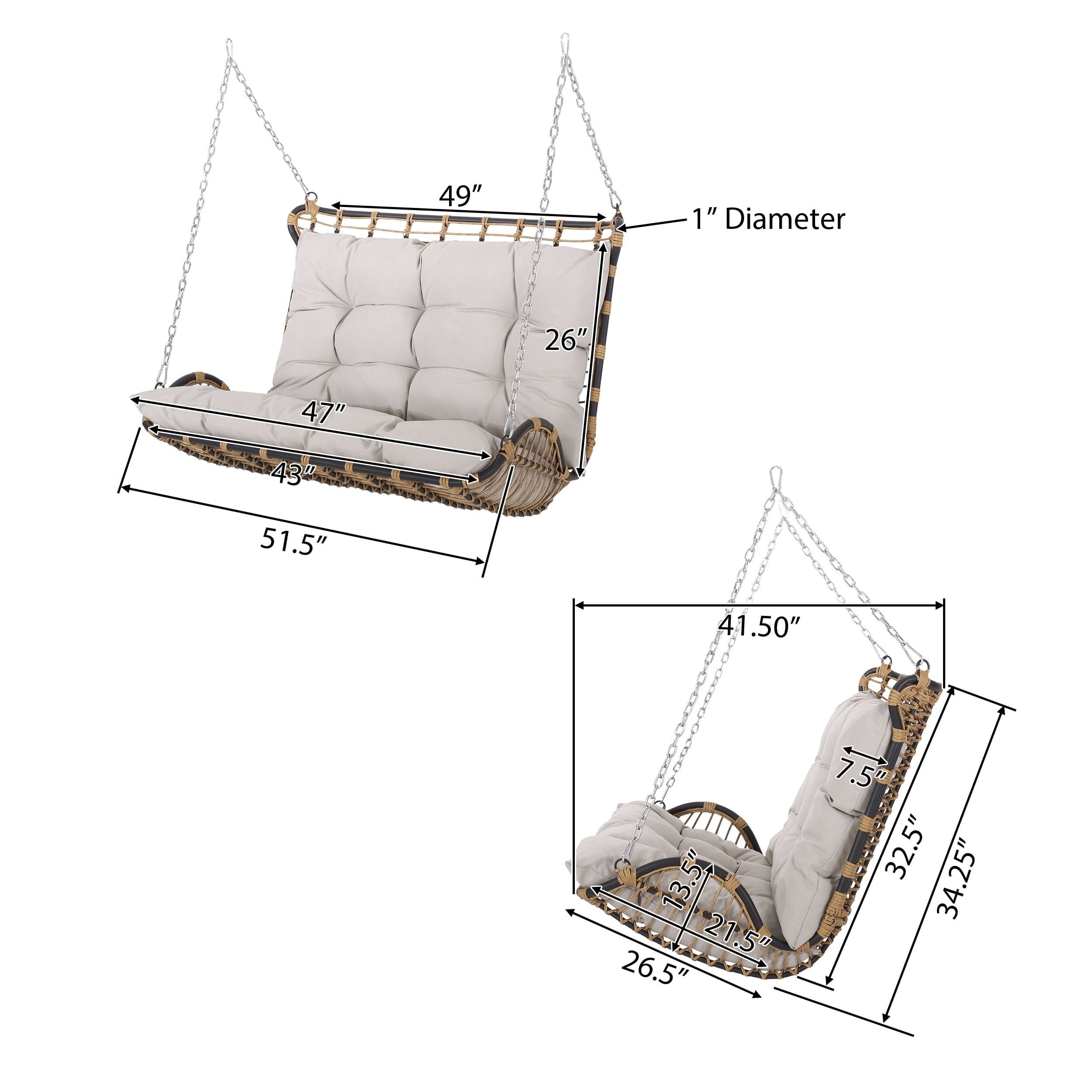Hurlbut Wicker Outdoor Porch Swing with Cushions, Light Brown and Beige