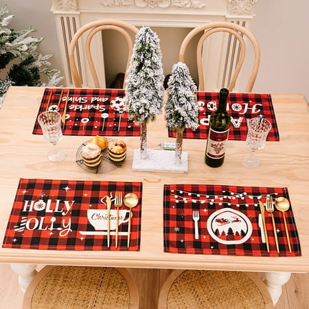 

Hadanceo Placemat Christmas Table Placemat Black Red Plaid Elk/Balls/Coffee/Car/Letter/Cutlery Print Reusable Thicker Rectangle Heat Insulation Dishwasher Safe Xmas Party Table Decor Dining Mat