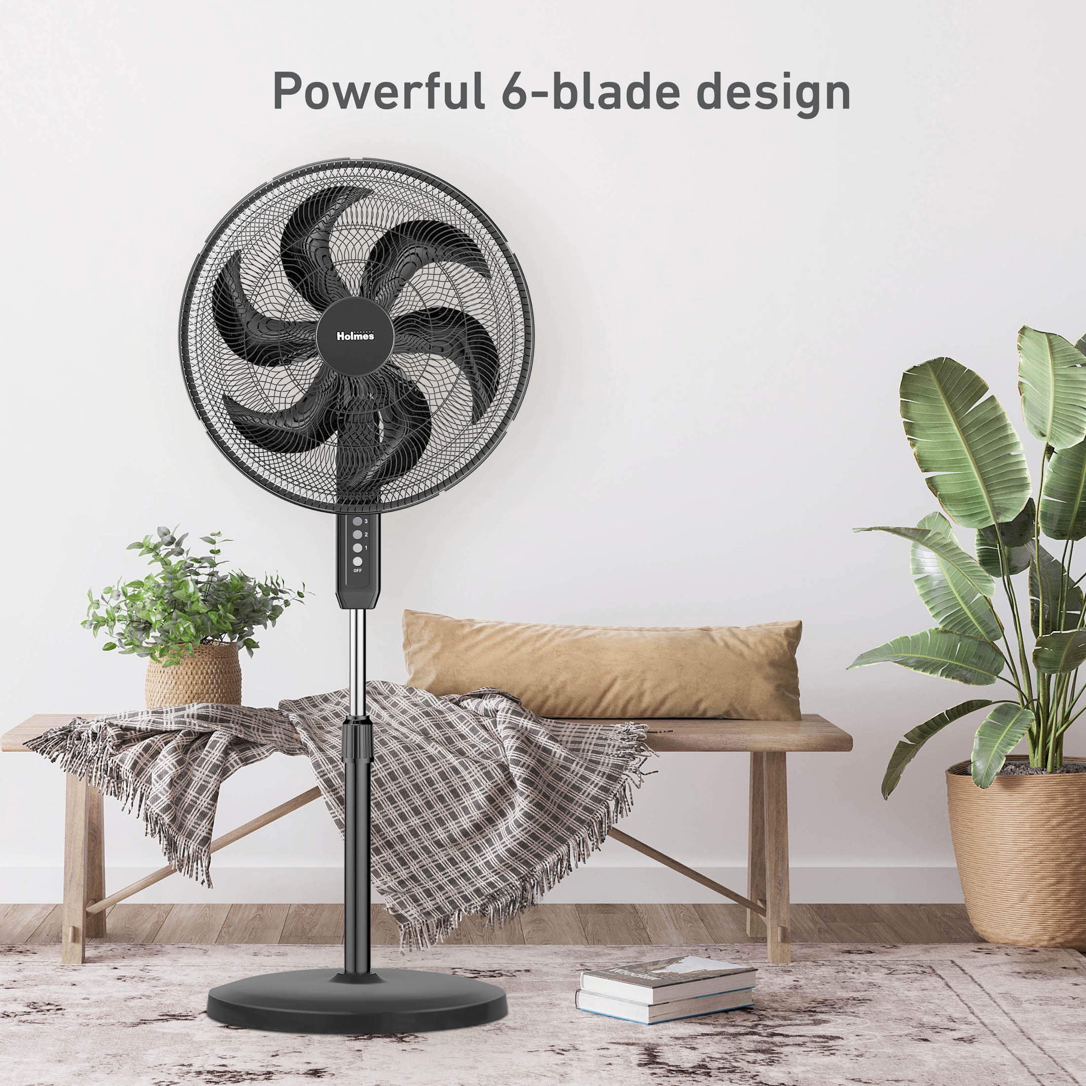 Holmes Big Breeze 16" Manual Oscillating Powerful Airflow Stand Fan, 3 Speeds, Black