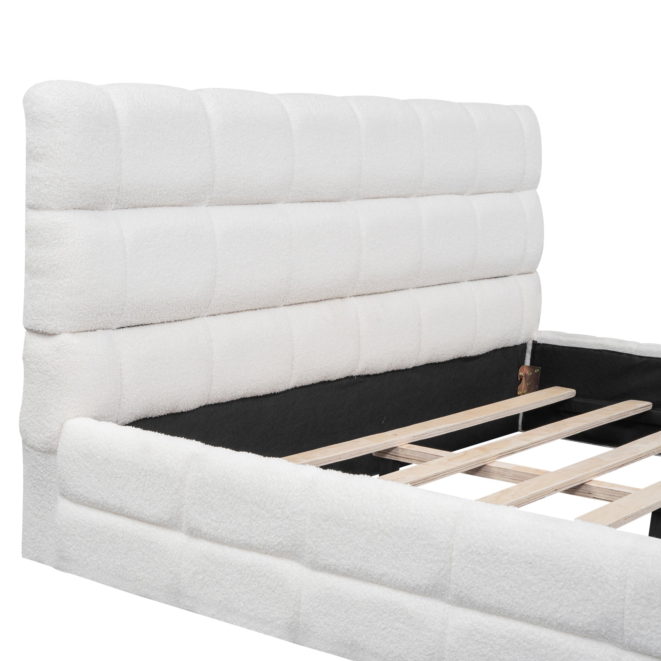 Noble House Queen Upholstered Platform Bed, Modern Velvet Headboard with Wood Slats Support, Bedroom Bed Frame, White
