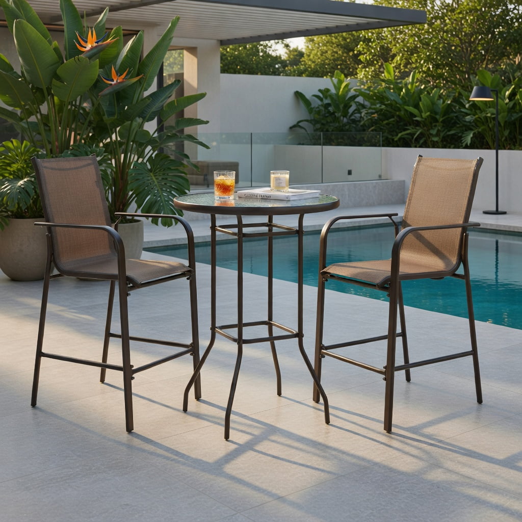 Hommoo 3-Piece Outdoor Patio Bar Set, Steel Frame with Tempered Glass Table and Fabric Upholstered Stools for Backyard, Poolside & Garden, Brown
