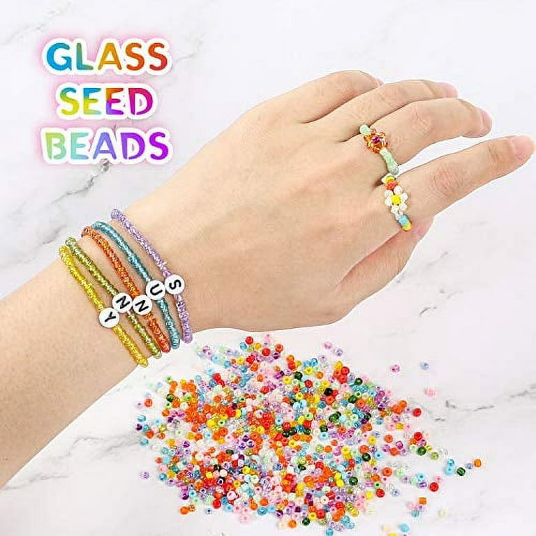 DICOBD Craft Beads Kit 10800pcs 3mm Glass Seed Beads and 1200pcs Letter  Beads for Friendship Bracelets Jewelry Making Necklaces and Key Chains with  2 Rolls of Cord 