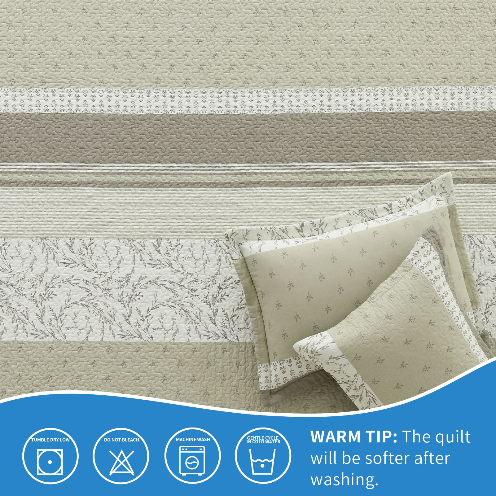 Bedduvit King Size Quilt Set - 100% Cotton Vintage Striped Framhouse Beige Brown King Quilted Bedding Set, Lightweight Reversible Soft Botanical Floral Print Bedspread, Quilts for King Bed, 98x106