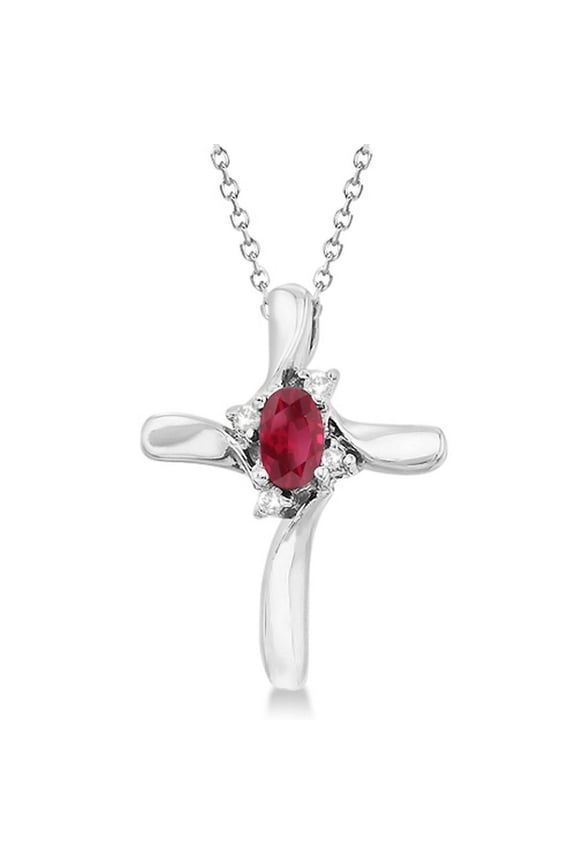 Ruby and Diamond Cross Necklace Pendant 14k White Gold