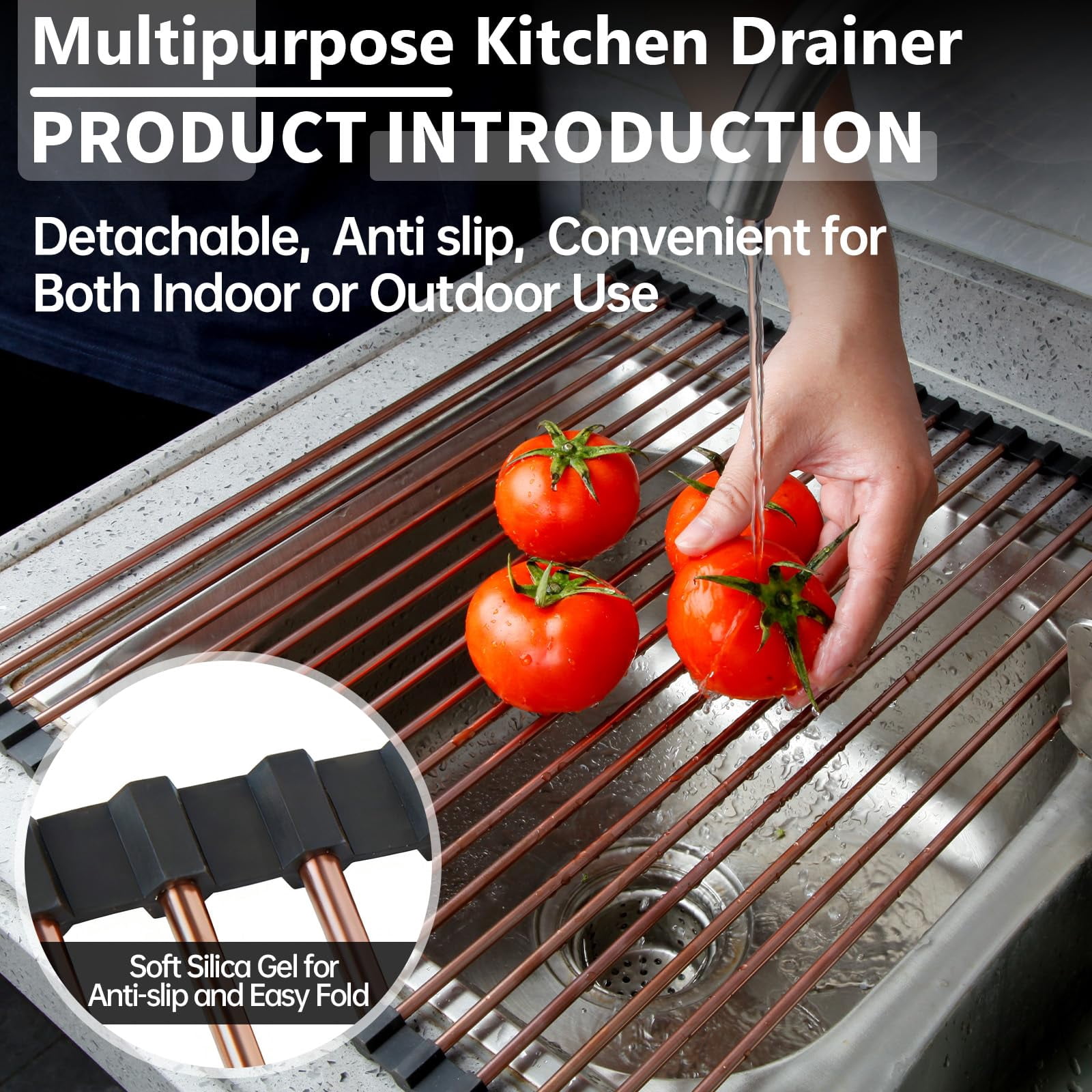 15.74"*17" Large Roll Up Dish Drying Rack Over The Sink  Stainless Steel Multipurpose Foldable With Anti-slip Silicone For Kitchen Counter Drainer Rose