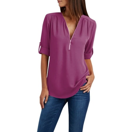 Scyoekwg Womens Casual Chiffon Tops V Neck Zipper Tunic Tops Roll Up Sleeve Button Down Shirts Fashion Solid Color Loose Comfy Blouses Womens Clothing Purple 2XL