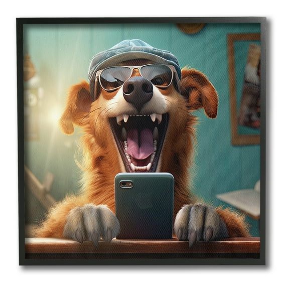 Stupell Industries Happy Dog on Cell Phone Animals & Insects Painting Black Framed Art Print Wall Art, 12 x 12