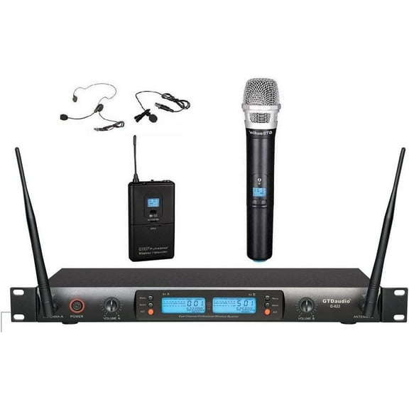 GTD Audio 2x100 Selectable Channel UHF Wireless Microphone Karaoke Mic System (with Handheld, lavvelier Headset mics) 622HL