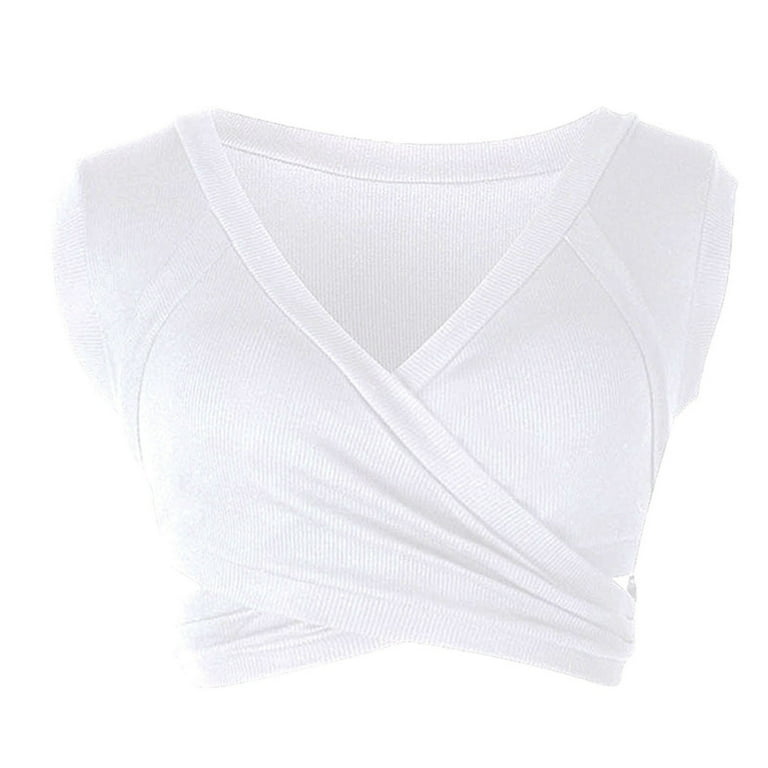 V Neck Ribbed Knit Crop Top - White / M - AnotherChill