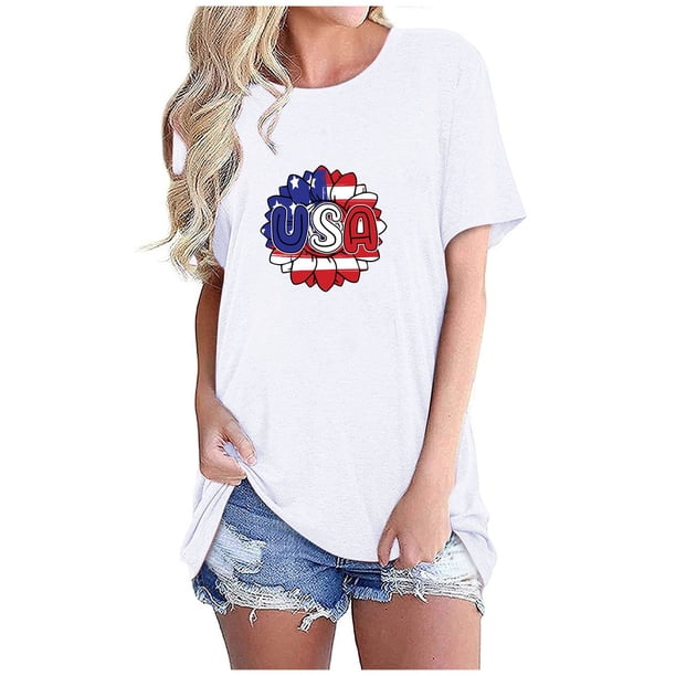Tops Cortos para Mujeres Bandera de Moda Impresa Cuello Redondo, Camiseta de Manga 3/4 para Uso Diario, Casero Y Cómodo
