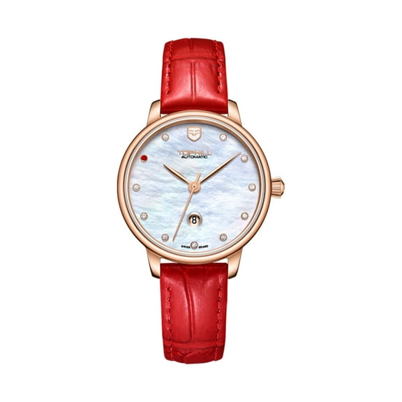 TOPHILL Women Calendar Pearl Fritillaria Dial Vintage Japanese Automatic Self-Winding Mechanical Movement Sapphire Crystal Wrist Watch Stainless Steel Leather Business Clock