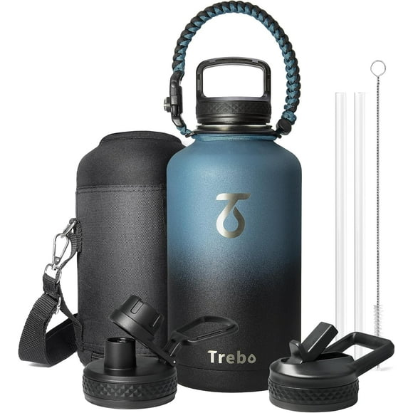 Water Bottle 64oz with Paracord Handle, Trebo Half Gallon Food-Grade Double Wall Vacuum Stainless Steel Insulated Jug with Straw Spout Handle Lids, Leakproof Keep Cold & Hot, Ombre: Indigo/Black