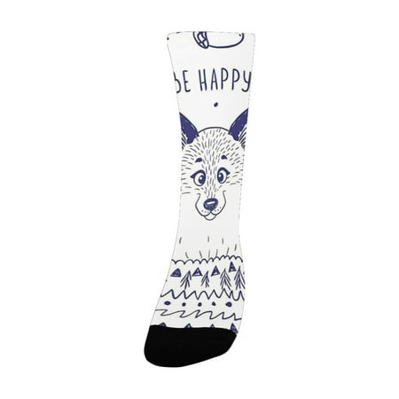 

Animal Decor Happy Smiley Cartoon Cute Fox with Hearts and Beam Leaf Happy Quote Print White and Blu Women s Custom Socks (Made In USA)