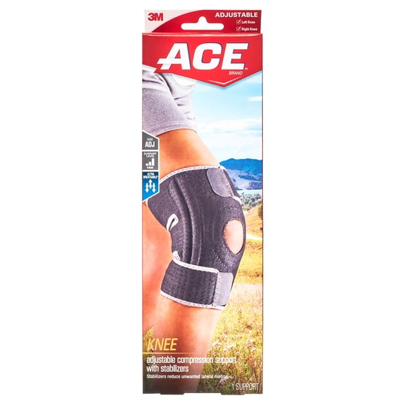 ACE Brand Adjustable Compression Knee Support with Stabilizers, Black/Gray – One Size