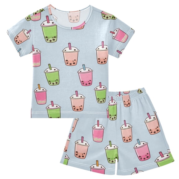 joogoo Boba Bubble Tea on Blue Pattern Pajama Sets Short Sleeve Cotton 2-Piece Sleepwear 10Y