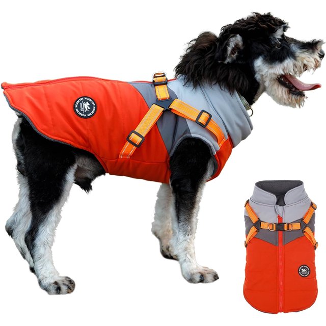 Lucoss Winter Dog Coat with integrated harness No Pull Cold Weather Waterproof Warm Fleece Back Zipper for Small & Medium Dog