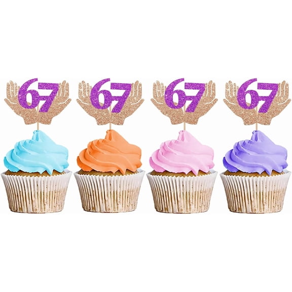 Rose Gold Glitter Hand Palm & Purple Number 6-7 Cupcake Toppers 12 Pack, 6-7th Birthday Cupcake Picks, Happy 6-7 Years Old Birthday Party Cake Decor Supplies