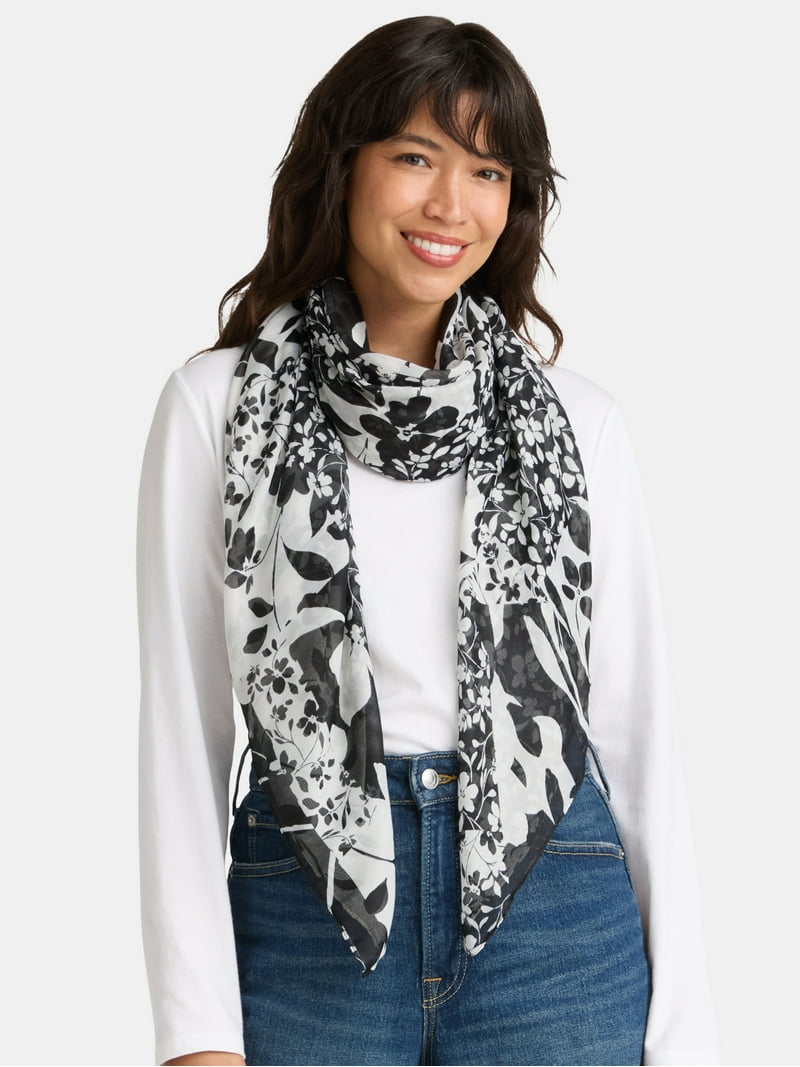 Time and Tru Women's Printed Square Scarf, Floral Black Soot