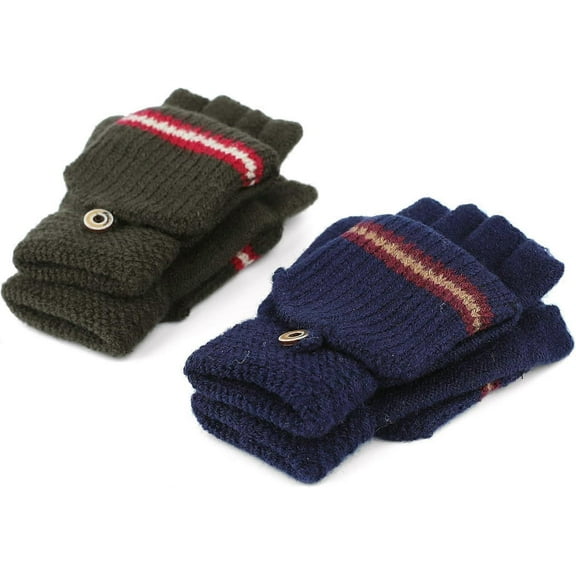 2 Pairs Kids Winter Knit Fingerless Gloves With Mitten Cover - Convertible Flip Top Mittens Stretchy Warm Gloves For 4-8yrs Boys Girls