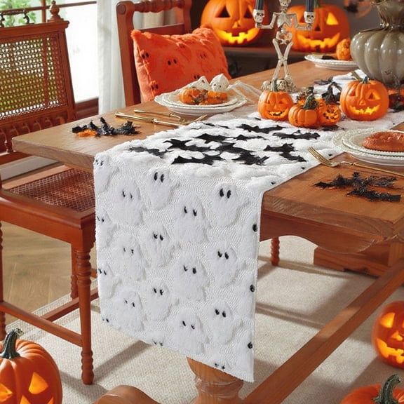 Halloween Ghost Table Runner, 3D Plush Faux Fur Decor, Spooky Cute Pattern for Fall Autumn Kitchen Dining, Home and Halloween Party(White,35*45cm)