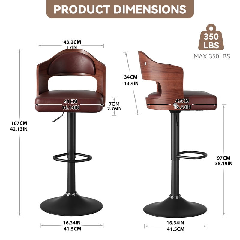 MOONMISS Swivel Bar Stools Set of 2, Wooden Kitchen Bar Chairs with Back, PU Leather Counter Height Barstools for Kitchen Island,