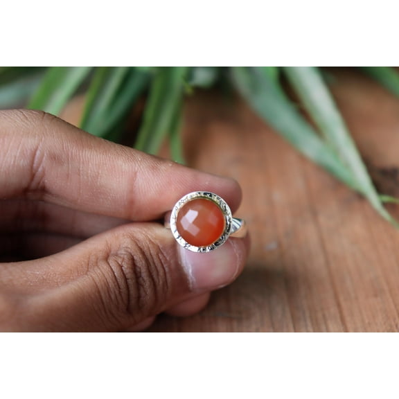 Natural Orange Carnelian Ring, 925 Sterling Silver Ring, Charm Ring, Pure Silver Ring, Round Cut Carnelian Ring, Healing Crystal Silver Ring