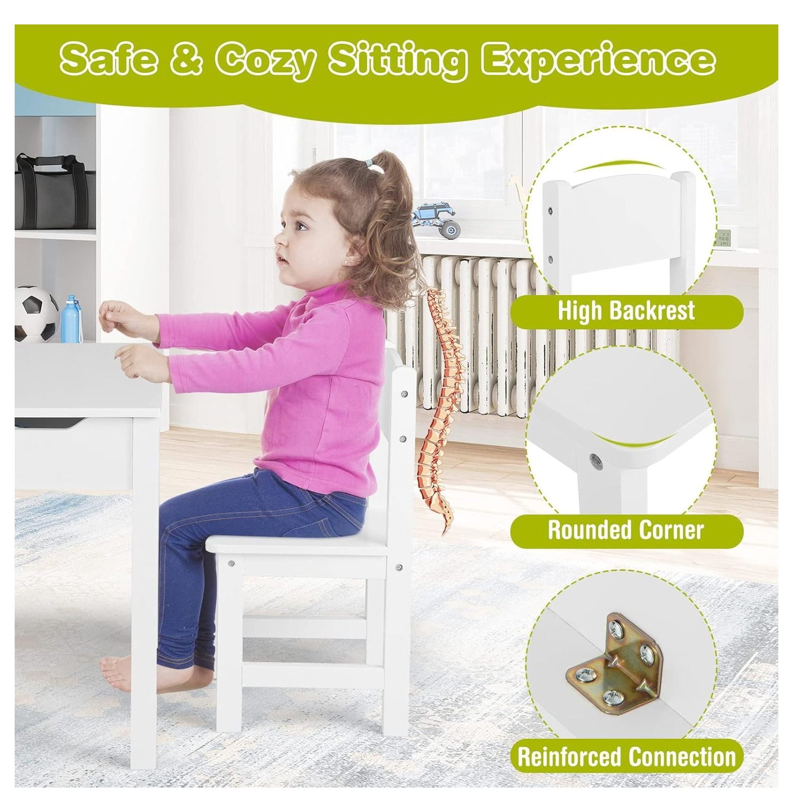 Kids Table and Chair Set, Wooden Lift-Top Desk & Chair with Storage, Paper Roll Holder & Pen Slot, Activity Table Set for Art, Children Furniture Set for Daycare, Playroom (White)