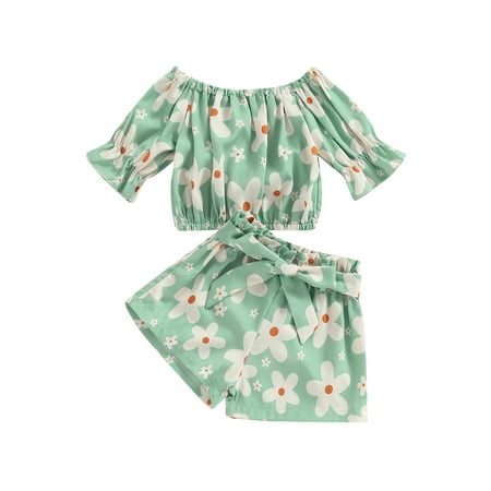 

Ma&Baby Infant Girls Summer Clothes Outfits Floral Print Short Sleeve Tops Shorts with Bow Tie-Up Belt Girls 2Pcs Set