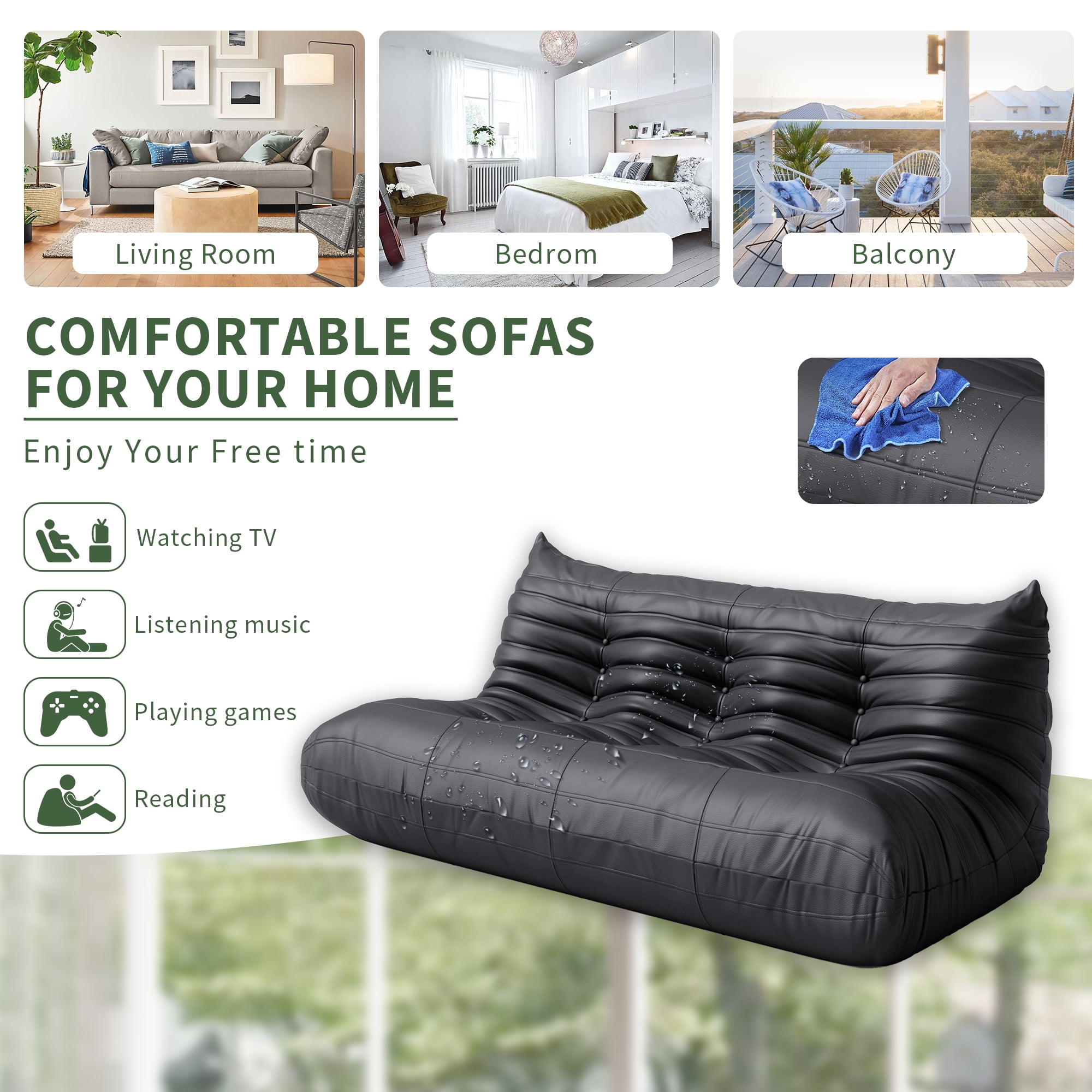 Gtilzria Lazy Sofa, Bean Bag Chair for Adults Floor Couch, 3 Seat Fireside Chair with Ergonomic Design Modern Faux Leather Lounge Chair for Living Room, Bedroom, Black