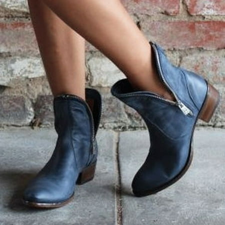 

Tangnade Women boots Women s Shoes Autumn Winter Pointed Toe Thick Heel Side Zipper Warm Ankle Boots Dark Blue 40
