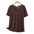 thumbnail image 5 of Women's Solid Thin Crew Neck Short Sleeve Sleep T-Shirt, Soft Elastic Basic Layering Blouse, Casual All Season Daily Indoor Home Loungewear | TruHer,Coffee L, 5 of 6