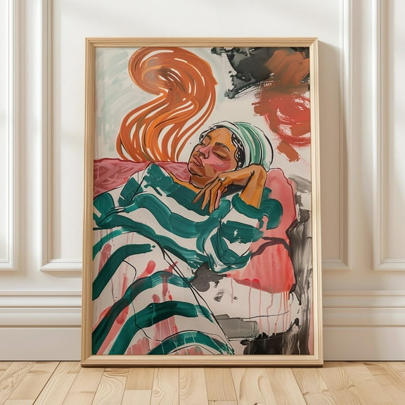 Abstract Sleeping Woman Art Bold Striped Dress Colorful Afro Portrait Green Red Brushstrokes Emotional Wall Art Modern Female Poster Wall Art, Modern Wall Decor, 8x12 UNFRAMED