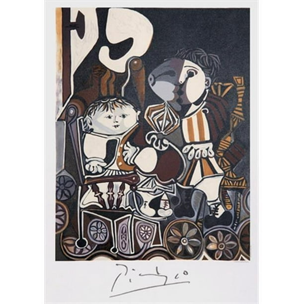 Pablo Picasso 20736 Deux Enfants Assis- Lithographie sur Papier 29 Po x 22 Po - Noir-Blanc- Marron