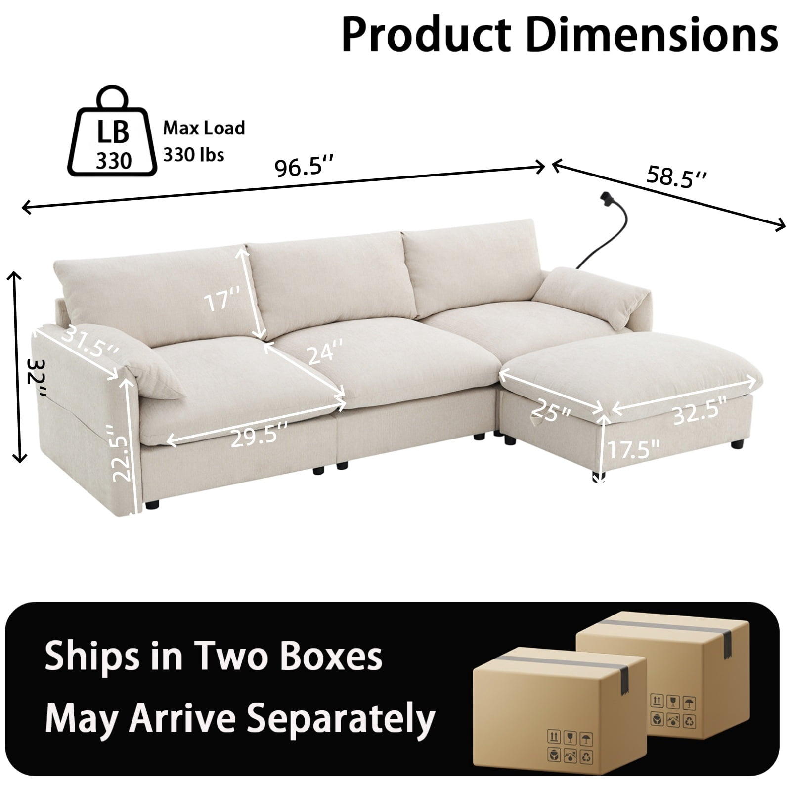 EPOWP L-Shaped Modular Sectional Sofa, Chenille Cloud Couch with Storage Ottoman, USB Charging Ports & Adjustable Phone Holder, 96.5" Deep Seat Comfy Couch for Apartment, Living Room, Office