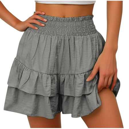 Tmtolofot Women s High Waisted Beach Shorts Sports Running Gym Workout Yoga Shorts Pants Ladies Teen Girl Summer Solid Color Hot Pants Cotton Linen Flower Leggings   1#Gray   Small