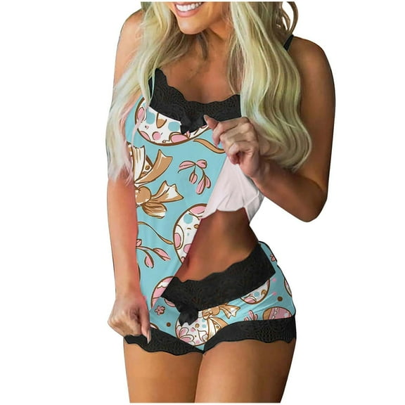 SwiftWear Women’s Cute Rabbit Print Summer Pajamas Set 2 Piece Lace Trim Sleeveless Cami & Shorts Lounge Set – Soft Stretchy Sleepwear