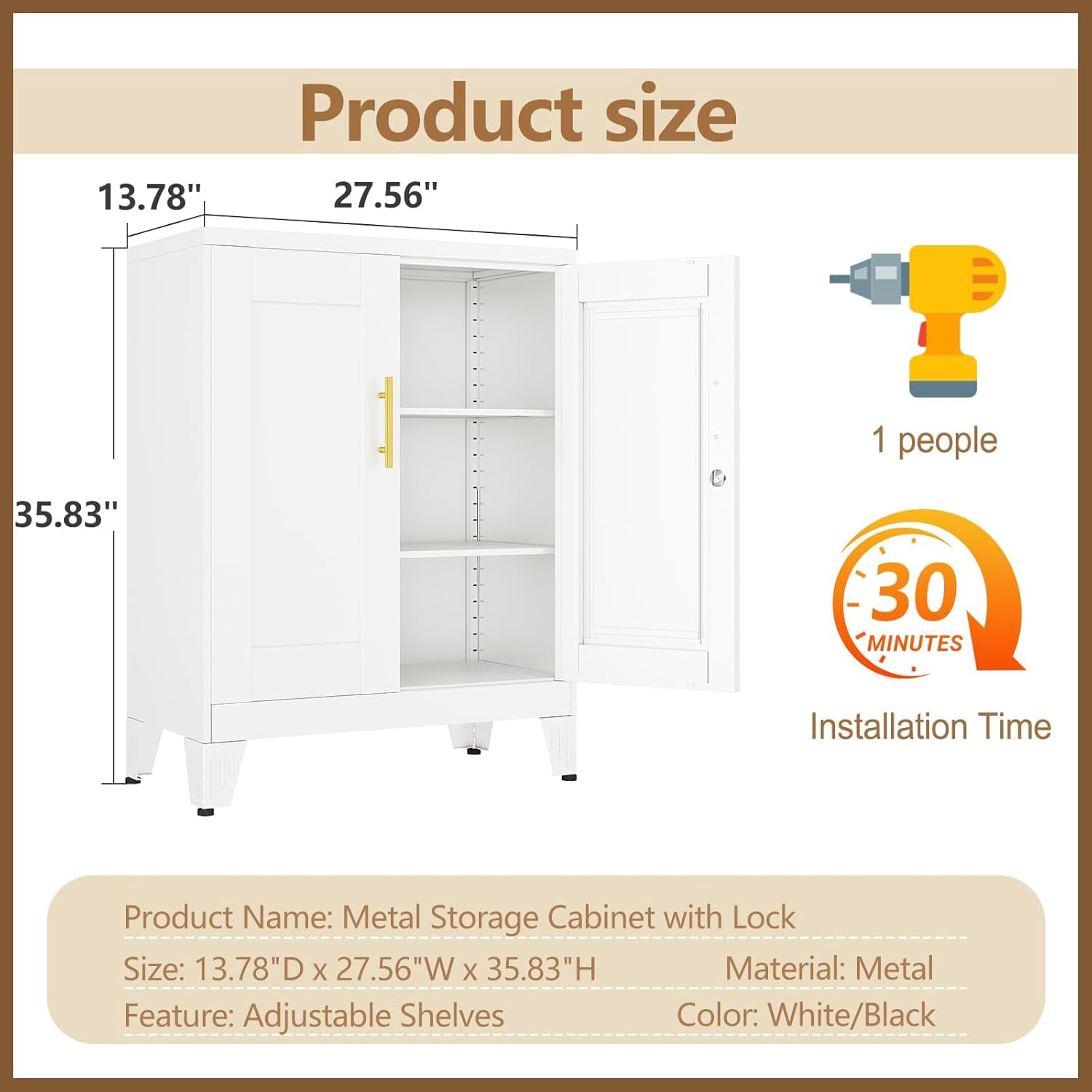 Erosoei Small Metal White Office Storage Cabinet with Shelves and Lock,Steel File Cabinet