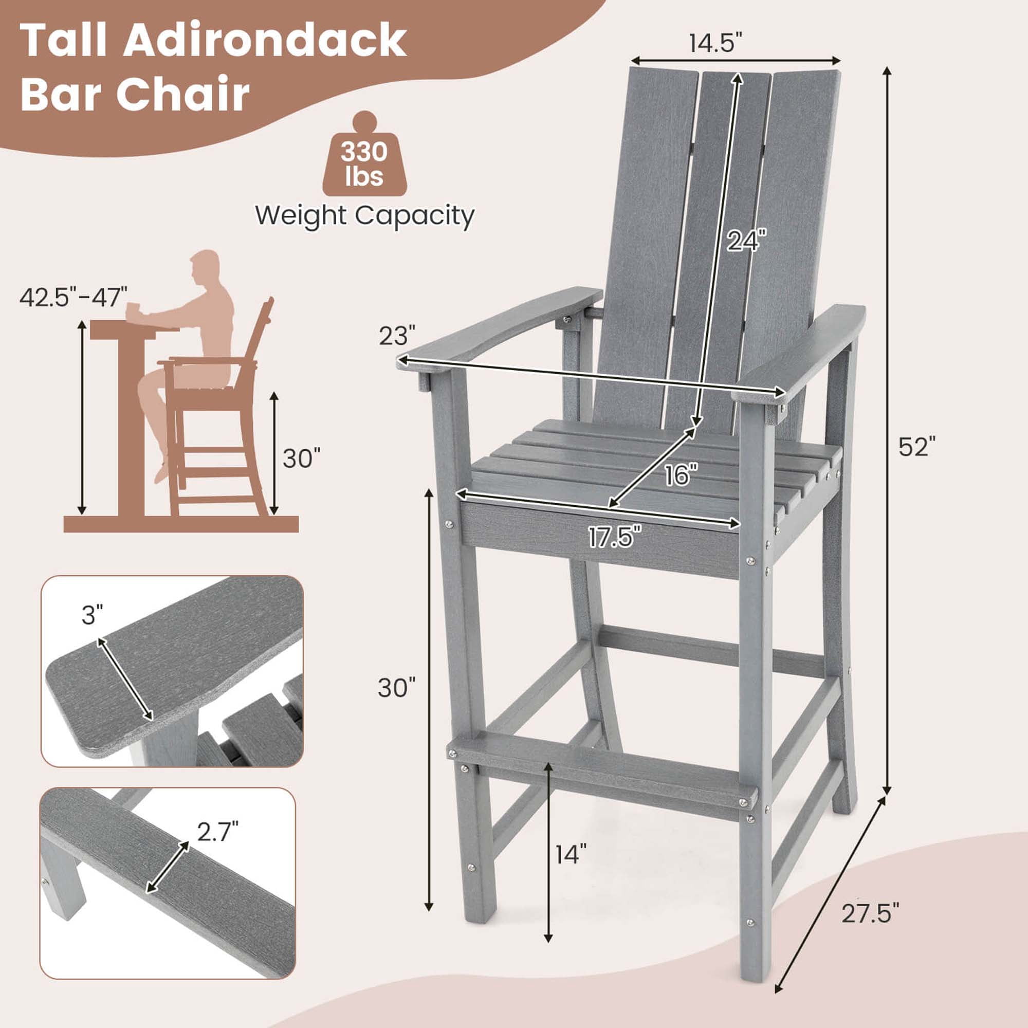 Costway Tall Adirondack Chair with Ergonomic Backrest Armrests & Footrest for Backyard Gray
