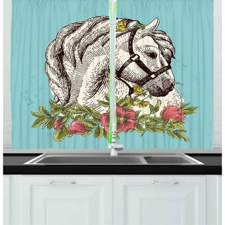 Light Turquoise Curtains Floral Curtains 2 Panels Set, Boho Style Horse Opium Blossoms Poppy Wreath Equestrian Illustration, Window Drapes for Living Room Bedroom, 55W X 39L Inches, Turquoise Apple Green, by Ambesonne ()