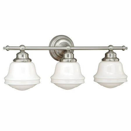 

Vaxcel Huntley 3 Light Satin Nickel Farmhouse Schoolhouse Bathroom Vanity Fixture