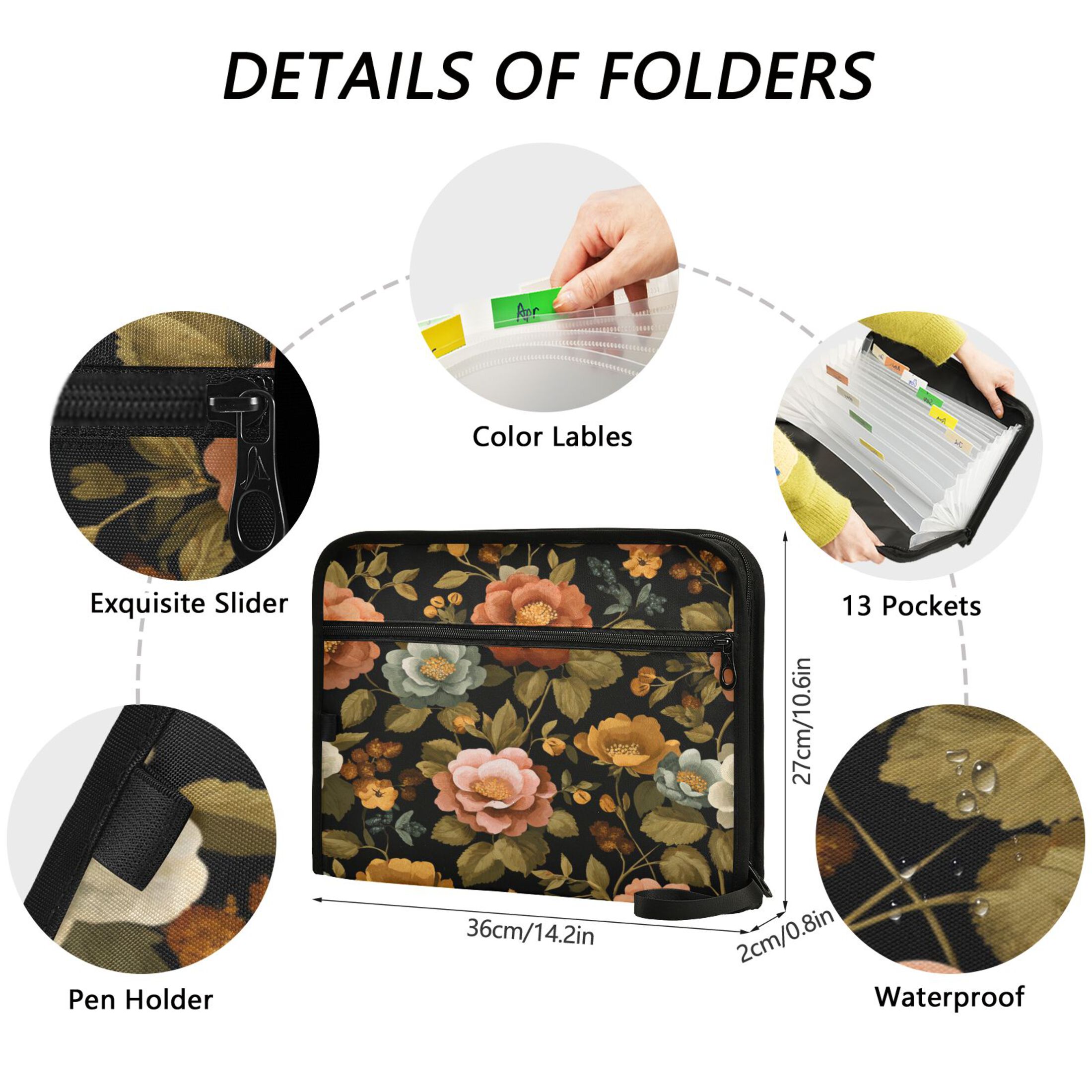 Accordion File Organizer with Zip Closure 13 Pockets Expanding File Folder Letter A4 Paper Document Organizer for Home Office Vintage-inspired Floral Pattern